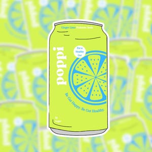 May include: A green and white can of poppi ginger lime prebiotic soda with a blue and green lime illustration. The can has the text "For a Healthy Gut" and "Be Gut Happy. Be Gut Healthy." on it.