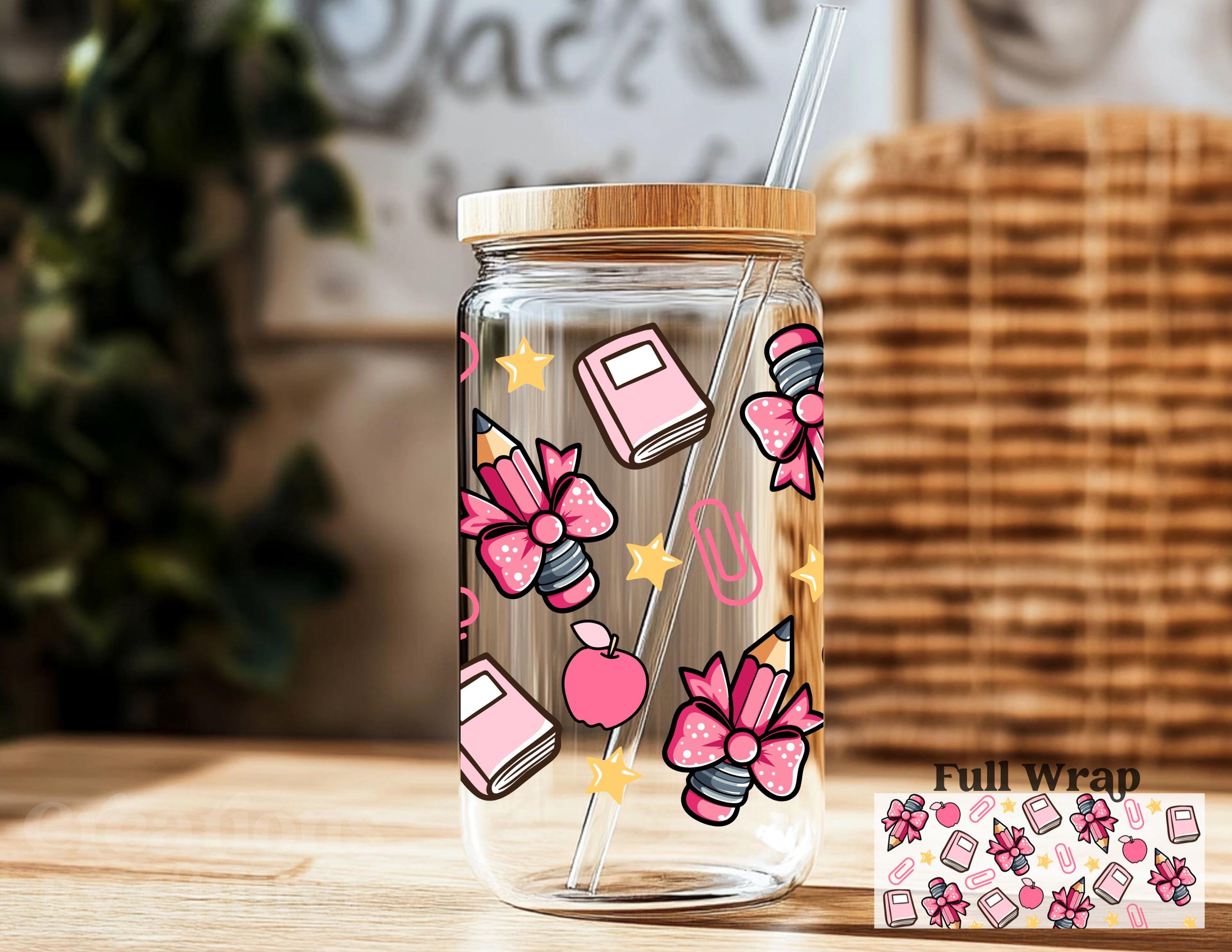 Teacher Bow 16 Oz Libbey Glass Cup | Pink School Wrap Tumbler | Back to ...