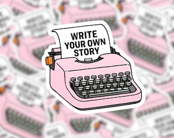 Write Your Own Story Typewriter Sticker – Pink Vintage Typewriter Vinyl Decal | Inspirational Quote | Journaling, Laptop, Water Bottle