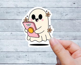 Bookish Girlie Ghost Sticker | Cute Ghost Reading Vinyl Sticker | Bookish Spooky Sticker for Halloween or Year-Round Readers