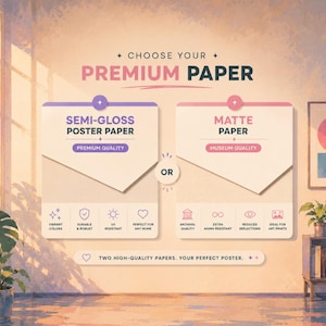 May include: An informational graphic titled CHOOSE YOUR PREMIUM PAPER presenting two options: SEMI-GLOSS POSTER PAPER and MATTE PAPER. The chart lists features like vibrant colors, durability, UV resistance, archival quality, and reduced reflections.