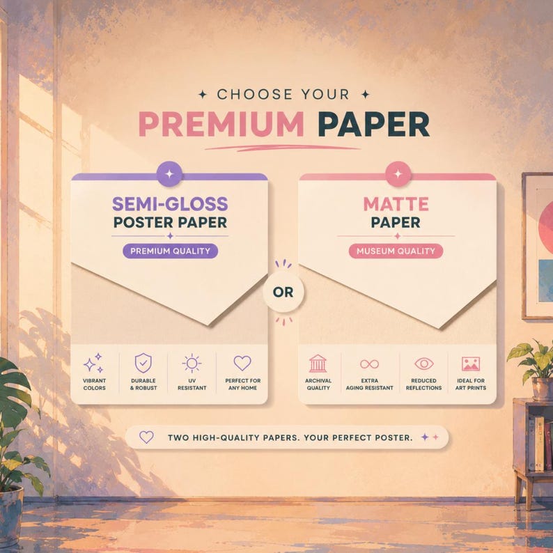 May include: An informational graphic titled CHOOSE YOUR PREMIUM PAPER presenting two options: SEMI-GLOSS POSTER PAPER and MATTE PAPER. The chart lists features like vibrant colors, durability, UV resistance, archival quality, and reduced reflections.