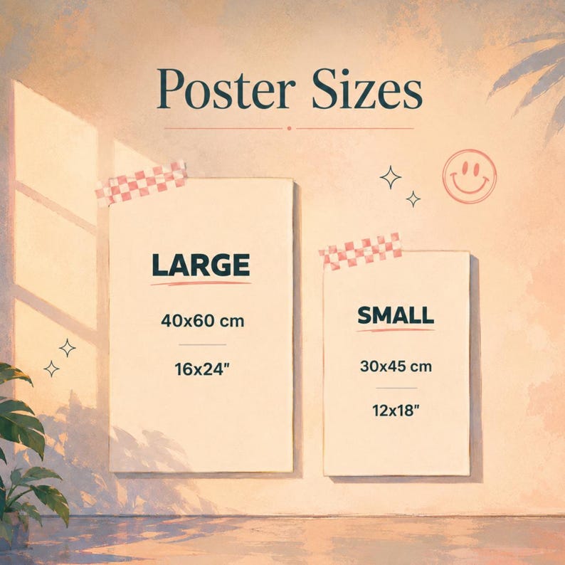 May include: A graphic chart titled Poster Sizes displaying two rectangular posters labeled Large and Small. The Large poster measures 40x60 cm or 16x24 inches, and the Small poster measures 30x45 cm or 12x18 inches, both accented with checkered tape.
