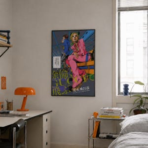 May include: A rectangular wall poster featuring a manga-style illustration of a character in a pink suit sitting on a yellow bench, with another figure in blue standing behind. The artwork includes large green Japanese text and the word GUCCI.