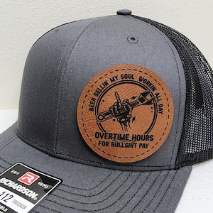 Richardson 112 mesh adjustable trucker hat with engraved patch overtime hours Bs pay Charcoal/Black