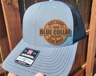 Proud American Blue Collar Richardson 112 Mesh adjustable trucker hat with Leather Patch | Heat activated Hydbond
