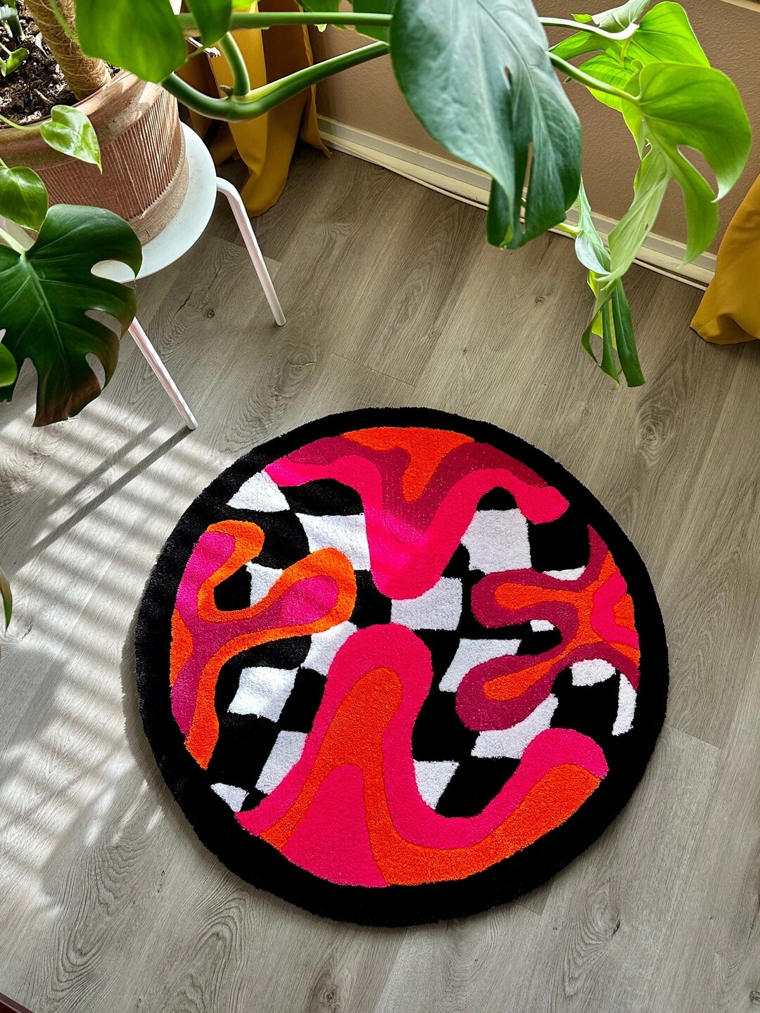 Handmade Wavy Rug | 70s Retro Squiggle Pattern, Tufted Acrylic Yarn - Etsy