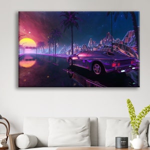Lienzo de coche con futurismo retro/arte mural futurista/póster de paisaje urbano retro/paisaje urbano futurista/neofuturista/oferta de Black Friday/regalo de Navidad