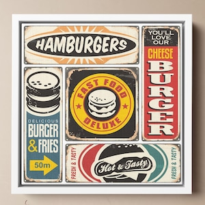 Retro Burger Wall Art | Vintage Fast Food Diner Sign | Hamburger & Fries Poster for Kitchen or Restaurant Decor | Nostalgic Food Wall Art