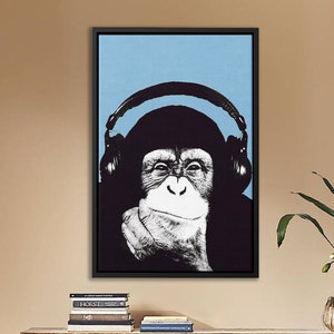Black Friday Sales/ Banksy Thinking Monkey, Banksy Wall Art, Framed Wall Decor, Graffiti Wall Art, Man Cave Wall Art, Graffiti Canvas Art