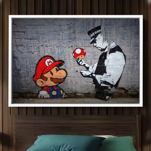 Lienzo de Banksy / Lienzo de Banksy Mario con un policía / Lienzo de arte callejero de Banksy / Arte de los Hermanos Mario / Arte mural de grafiti / Black Friday / Navidad