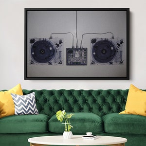 Lienzo con set de audio de DJ, arte de pared para sala de música, decoración para cueva de hombre, póster de EDM, arte de pared de DJ, música techno, regalo para novio, decoración de estudio