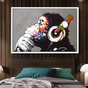 Banksy Thinking Monkey Canvas Art: Graffiti Wall Decor