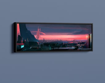 May include: A panoramic view of a futuristic city skyline with a large, white, cylindrical structure in the distance. The city is bathed in a warm, pink glow, suggesting a sunset or sunrise. The sky is a deep blue with a few clouds.