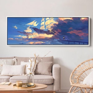 Blue Sky Art Canvas/Boy and Dog in a Futuristic World/Futuristic Landscape Canvas/Sky Scene Canvas/Gift for Animelover/Panoramic Canvas Art