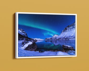 Impresión en lienzo de la aurora boreal, arte de paisaje montañoso ártico