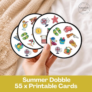Puede incluir: Tres tarjetas de juego circulares blancas con ilustraciones coloridas de temática veraniega que incluyen una pelota de playa, chanclas, un cangrejo, una estrella de mar, un sol, un ventilador, una bolsa de playa, un helado y una llave de hotel.