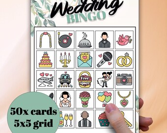 May include: A printable wedding bingo card with 25 squares featuring wedding-themed icons such as a wedding cake, a wedding arch, a microphone, and a bouquet of flowers. The text "Wedding Bingo" is at the top of the card. The text "50x cards 5x5 grid" is in a green circle at the bottom left of the card.