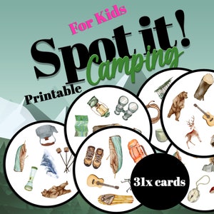 Camping Dobble/Spot It-kaartspel - voor kinderen - digitale download - afdrukbaar spel