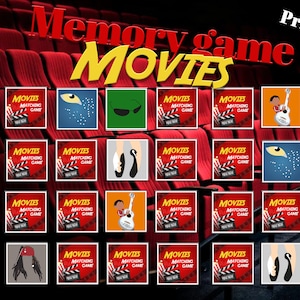 Juego de Memoria/Emparejamiento - Películas/Película - Juego imprimible para niños, para adultos