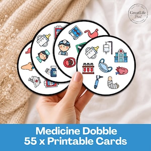 May include: A set of circular game cards featuring colorful medical-themed icons including a hospital, heart, IV drip, baby bottle, face mask, test tubes, and a cast. The cards are white with black borders and display various healthcare illustrations.