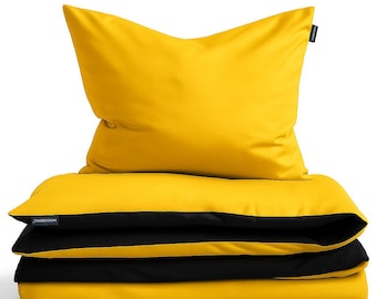 Juego de cama de algodón Moosberg - Amarillo y negro - Juego de funda nórdica - Juegos de cama de 135 x 200 cm con 1 funda de almohada de 80 x 80 cm