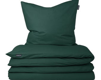 Juego de cama de algodón Moosberg - Verde abeto - Juego de funda nórdica - Ropa de cama de 135 x 200 cm con 1 funda de almohada de 80 x 80 cm