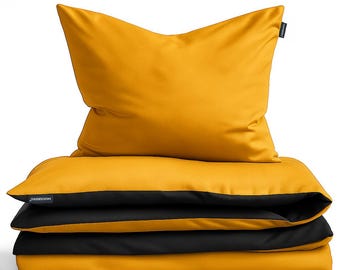 Juego de cama de algodón Moosberg - Amarillo y negro - Juego de funda nórdica - Juegos de cama de 135 x 200 cm con 1 funda de almohada de 80 x 80 cm