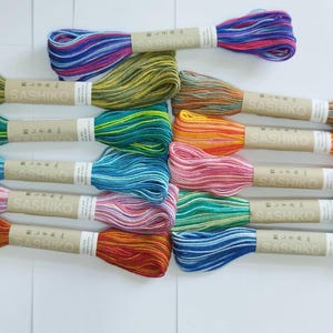 Puede incluir: Surtido de 16 hilos de sashiko coloridos con etiquetas de papel marrón que dicen "Komachi Sashiko".