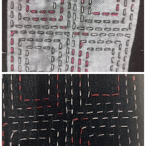 Top half of image shows pink and white stitching through the white transfer on denim fabric of the concentric square design. Bottom image shows stitching after the transfer has been washed away.