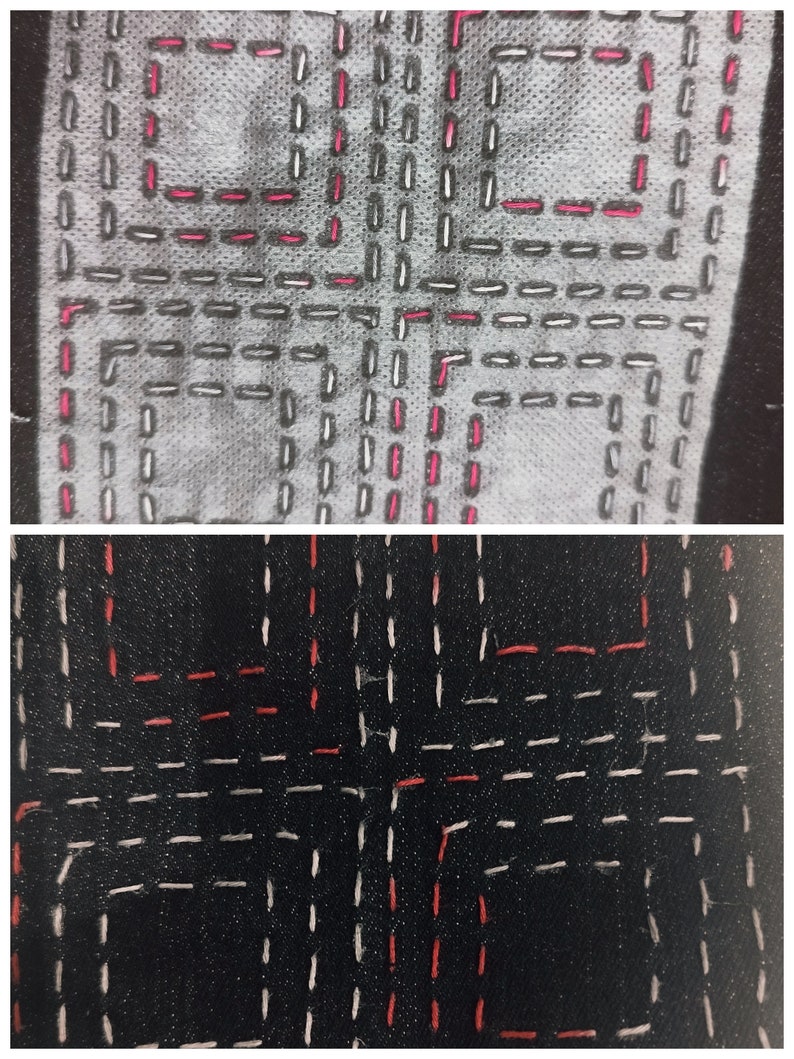 Top half of image shows pink and white stitching through the white transfer on denim fabric of the concentric square design. Bottom image shows stitching after the transfer has been washed away.