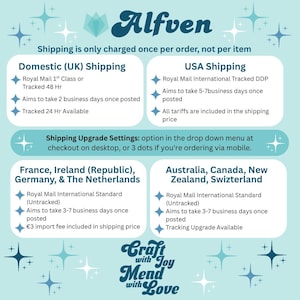 May include: A light blue informational graphic with dark blue text titled Alfven. It outlines shipping policies for the UK, USA, France, Ireland, Germany, the Netherlands, Australia, Canada, New Zealand, and Switzerland, featuring star icons.