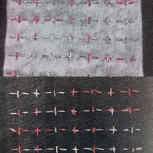 Top half of the image shows pink and white stitching through the transfer of a dashes and crosses design. Bottom half shows the stitching after the transfer has been washed away.