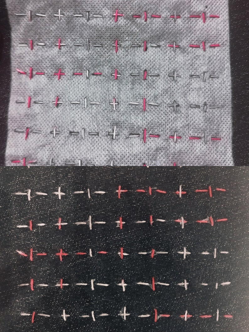 Top half of the image shows pink and white stitching through the transfer of a dashes and crosses design. Bottom half shows the stitching after the transfer has been washed away.