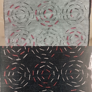 Top image shows pink and white stitching of concentric circles design through the transfer. Bottom image shows concentric circle design result after transfer is washed away.