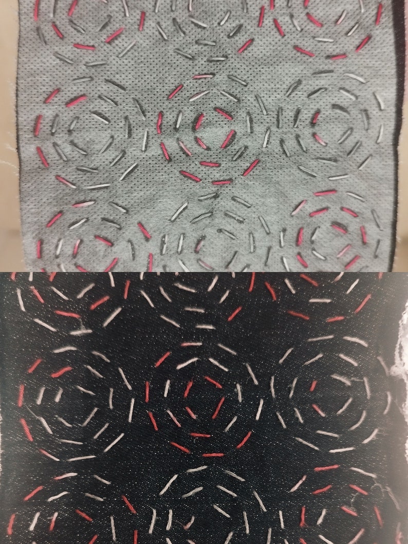 Top image shows pink and white stitching of concentric circles design through the transfer. Bottom image shows concentric circle design result after transfer is washed away.