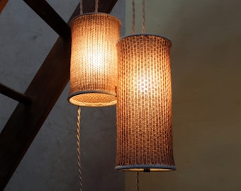 Knitted portable lamp, extra hanging lamp. Handmade designer pendant light. Handcrafted lighting in eco-designed textile.