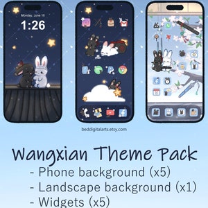 Könnte beinhalten: Ein digitales Kunst-Theme-Paket für Smartphones mit einem dunkelblauen Sternenhimmel und Cartoon-Hasen. Das Paket enthält Hintergrundbilder, Landschaftshintergründe, Widgets und Icons. Der Text "Wangxian Theme Pack" wird angezeigt.