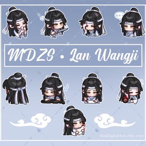 May include: A sticker sheet with chibi illustrations of a character with black hair and white and blue attire. The stickers show different poses and expressions. The text "MDZS • Lan Wangji" is displayed in the center of the sheet.