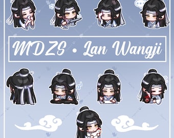 May include: A sheet of stickers featuring chibi-style illustrations of a character with black hair and white and blue clothing. The stickers have various poses and expressions. The text "MDZS • Lan Wangji" is displayed in the center.