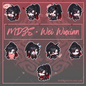 May include: A collection of chibi-style illustrations of a character with black hair and red accents. The character is depicted in various poses and expressions. The text "MDZS - Wei Wuxian" is displayed in pink.
