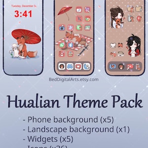 Puede incluir: Paquete de tema de teléfono digital con un zorro de dibujos animados y otros personajes. El tema incluye fondos de pantalla, fondos de paisaje, widgets e iconos. La imagen muestra tres pantallas de teléfono con diferentes diseños, incluido un zorro bajo un paraguas rojo.
