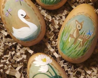 Handpainted Easter Eggs Wooden Egg Vignettes Easter Basket Wooden Toys Natural Beeswax Baby Animals Spring Farm Animals