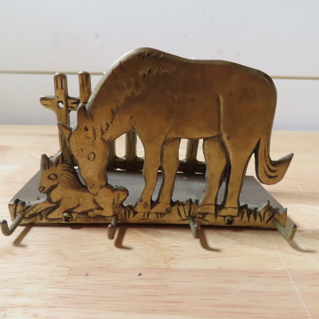 Vintage Brass Napkin Holder Equestrian Horse & Foul MCM Western