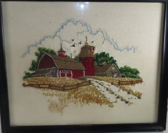 Vintage Picture - Framed Embroidered - Barn - Farm - Silo - Birds - Wall Decor