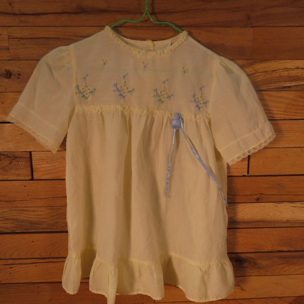 Vintage White Crepe Hand Sewn Ruffle / Embroidered / Blue / Floral Gown Dress - Christening - Infant Size 0-3 Months