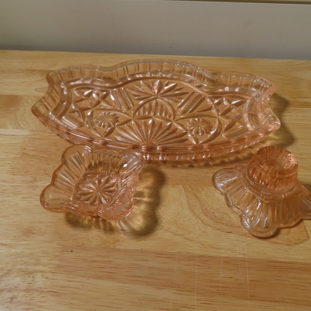 Vintage Peach Pink Glass Vanity Dressing Table Set Tray Etsy