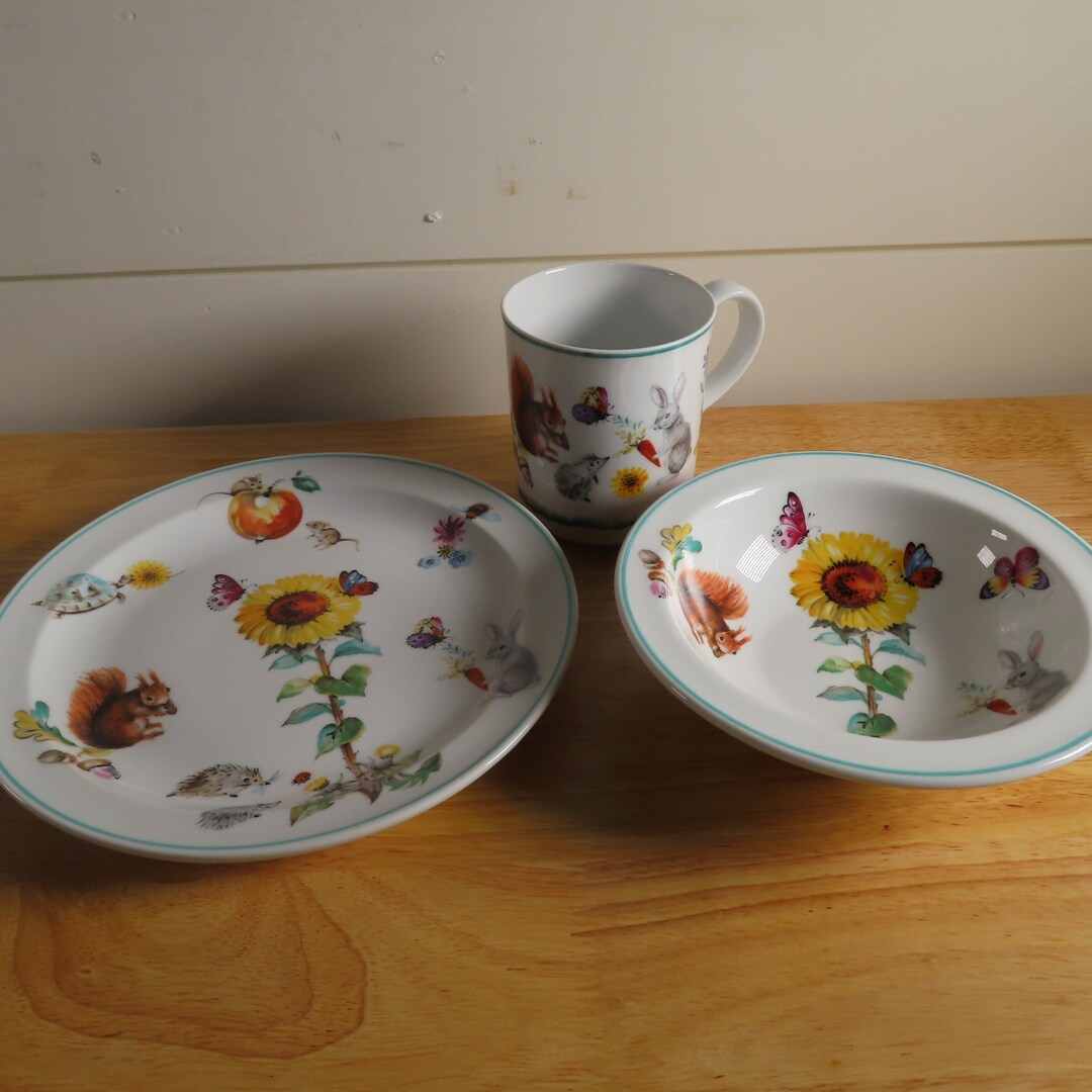 Vintage Plate Bowl Mug Set Animals Floral Royal Worcester England