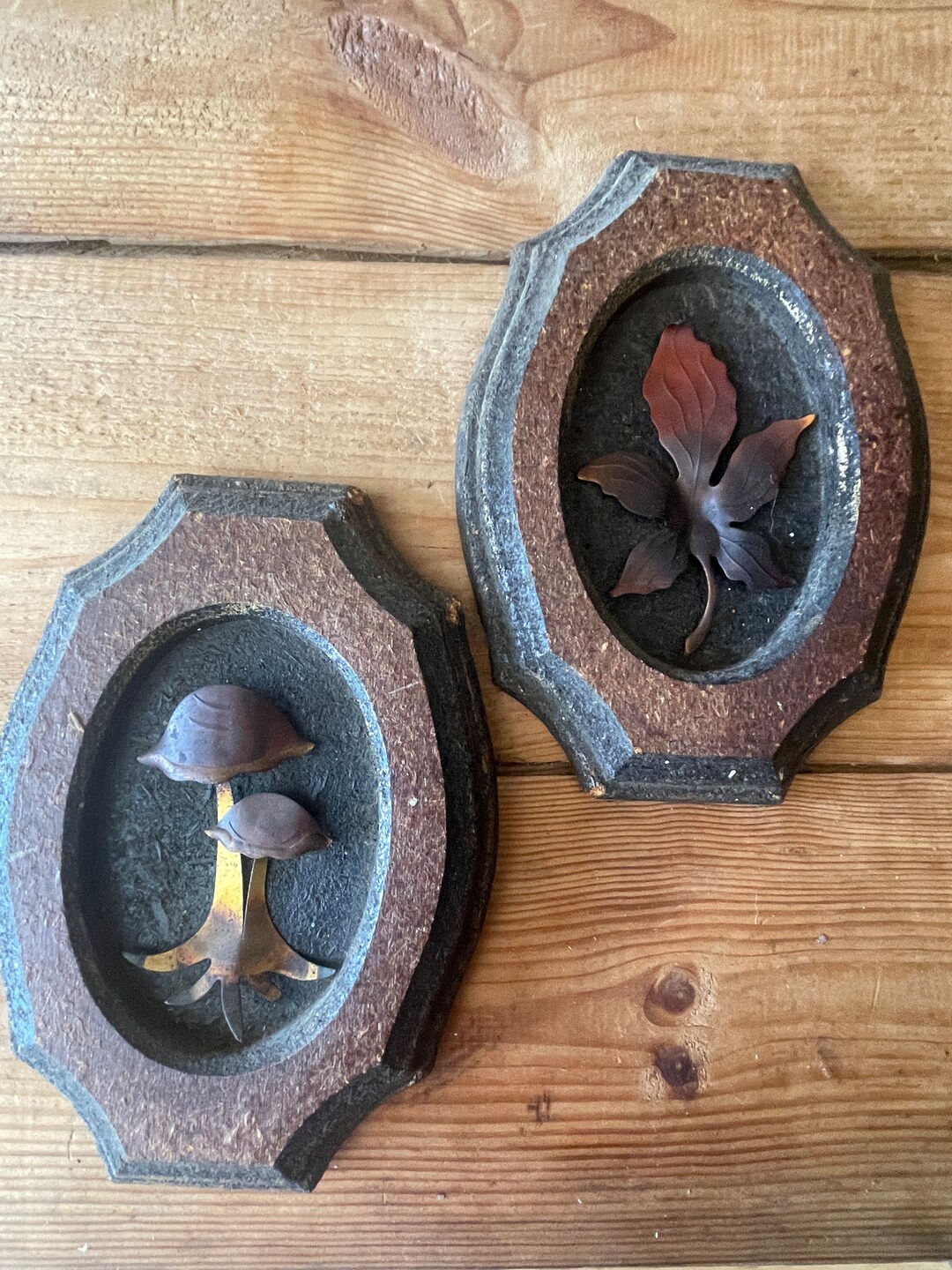 Vintage Framed Wood Metal Wall Art - Mushroom and Leaf - 1970&#39;s
