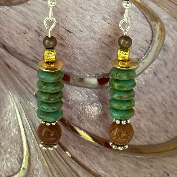 Mother's Day Stacked Teal Czech Glass Dangle/Earrings ~ Glass Accent Beads ~ Silver Beads and Ear Hooks ~ Goldstone Gemstones ~ Golden Heart